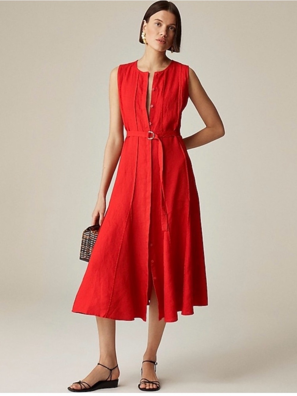 J Crew Seamed Linen Dress with Removable Belt in Red Arroyo Size Large NWT - Picture 4 of 16
